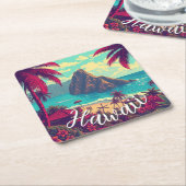 ヴィンテージスタイルハワイアントラベルホノルルミッドパシフィック スクエアペーパーコースター (アングル)