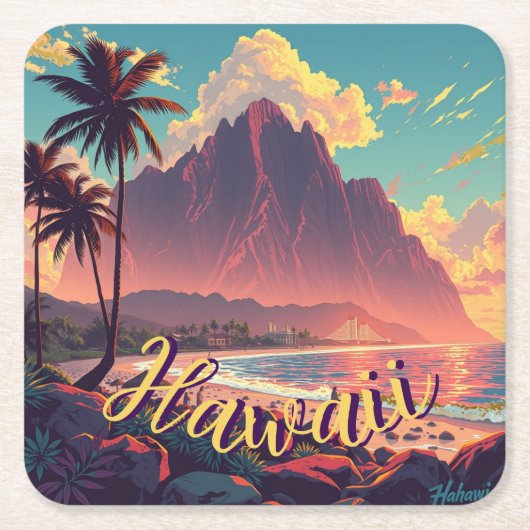 ヴィンテージスタイルハワイアントラベルホノルルミッドパシフィック スクエアペーパーコースター (正面)