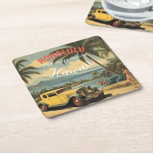 ヴィンテージスタイルハワイアントラベルホノルルミッドパシフィック スクエアペーパーコースター (アングル)