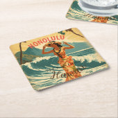 ヴィンテージスタイルハワイアントラベルホノルルミッドパシフィック スクエアペーパーコースター (アングル)