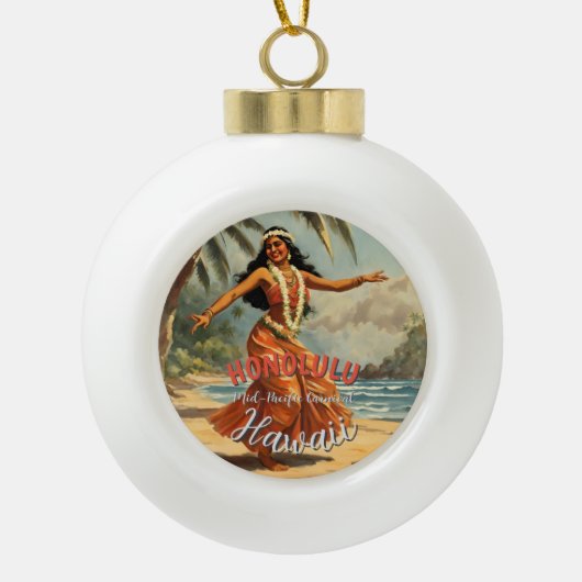 ヴィンテージスタイルハワイアントラベルホノルルミッドパシフィック セラミックボールオーナメント (正面)
