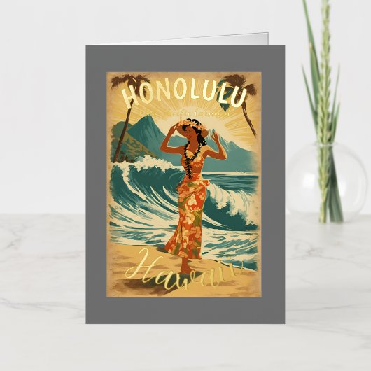 ヴィンテージスタイルハワイアントラベルホノルルミッドパシフィック 箔グリーティングカード (正面)