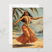 ヴィンテージスタイルハワイアン旅行フラガール踊り インビテーションポストカード (正面/裏面)