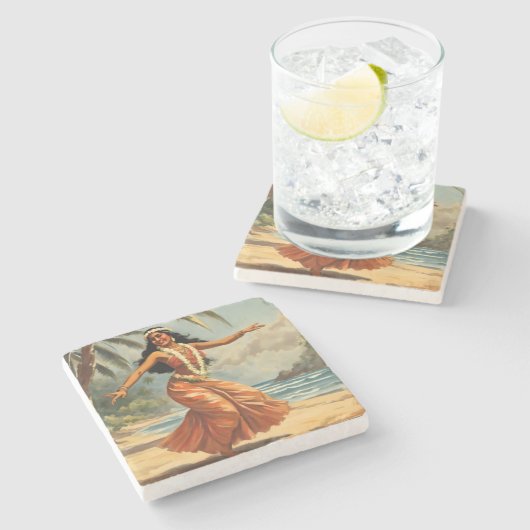 ヴィンテージスタイルハワイアン旅行フラガール踊り ストーンコースター (横)