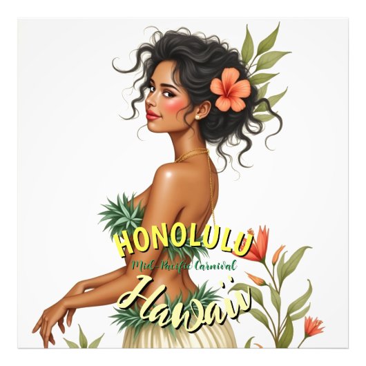 ヴィンテージスタイルハワイトラベルホノルルフラガール フォトプリント            (正面)