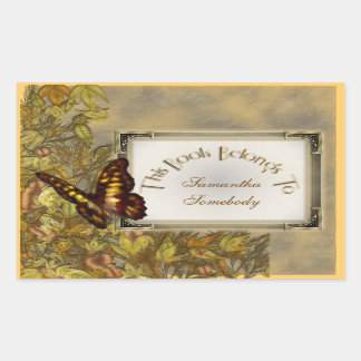 ヴィンテージスタイルバタフライイラストレーション蔵書票 長方形シール
