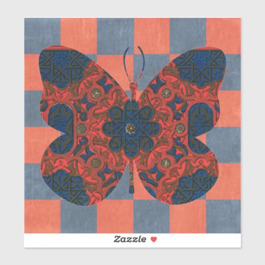 ヴィンテージスタイルバタフライ市松模様にスクエアステッカー シール (シート)