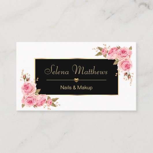 ヴィンテージスタイルバラ淡い色のピンクフローラ金ゴールドハート 名刺 (正面)