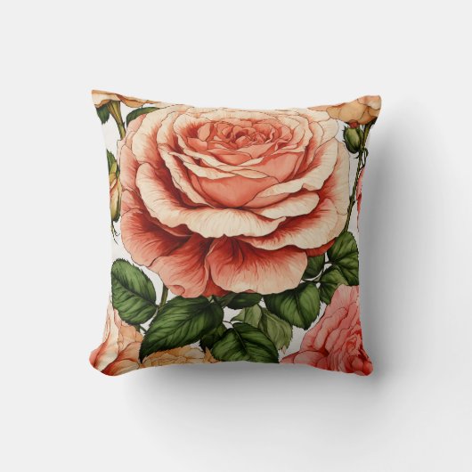 ヴィンテージスタイルバラ&バドイラストレーション クッション (正面)