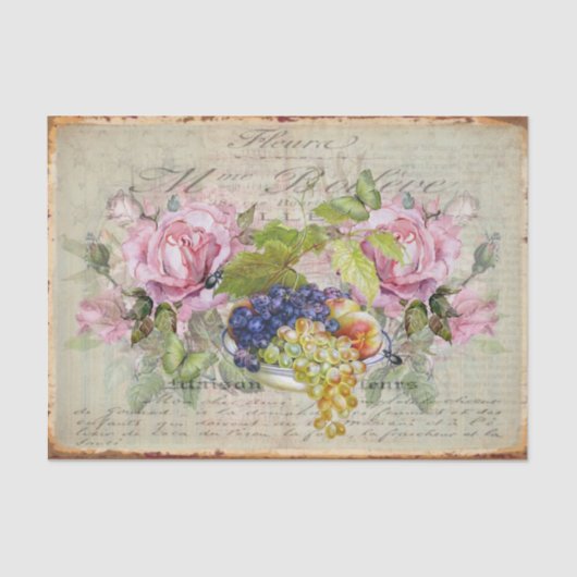 ヴィンテージスタイルバラ、フルーツボウルと古いスクリプト 薄葉紙 (正面)