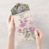 ヴィンテージスタイルパープルオーキッドフォトメールWebサイト オールインワン招待状 (貼ってはがせる)