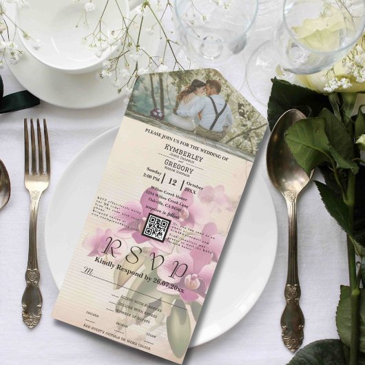 ヴィンテージスタイルパープルオーキッドフローラQRコードフォト オールインワン招待状