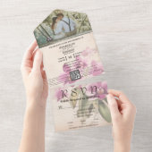 ヴィンテージスタイルパープルオーキッドフローラQRコードフォト オールインワン招待状 (貼ってはがせる)