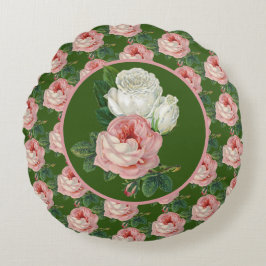 ヴィンテージスタイルピンクと白バラ模様 ラウンドクッション
