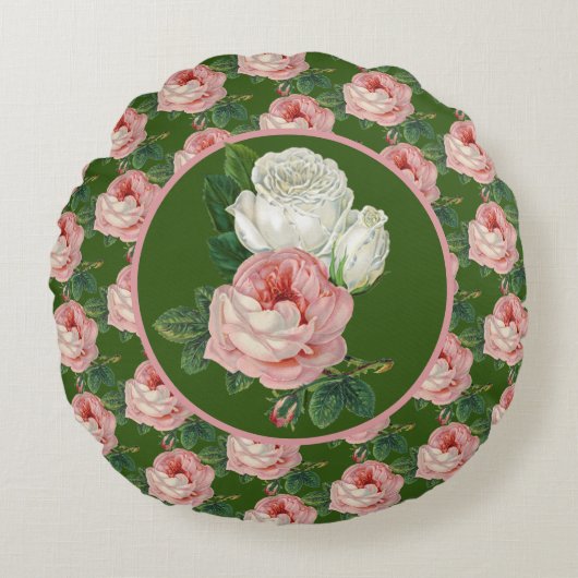 ヴィンテージスタイルピンクと白バラ模様 ラウンドクッション (正面)