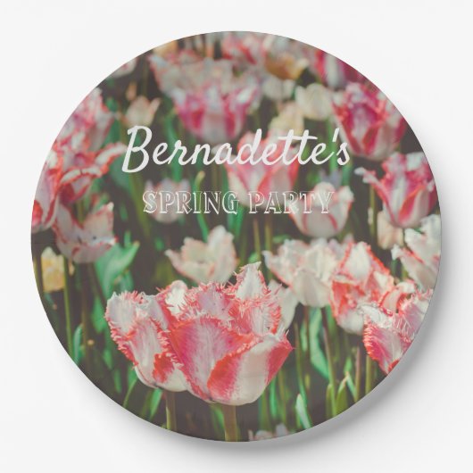 ヴィンテージスタイルピンクの縁付きチューリップ ペーパープレート (正面)