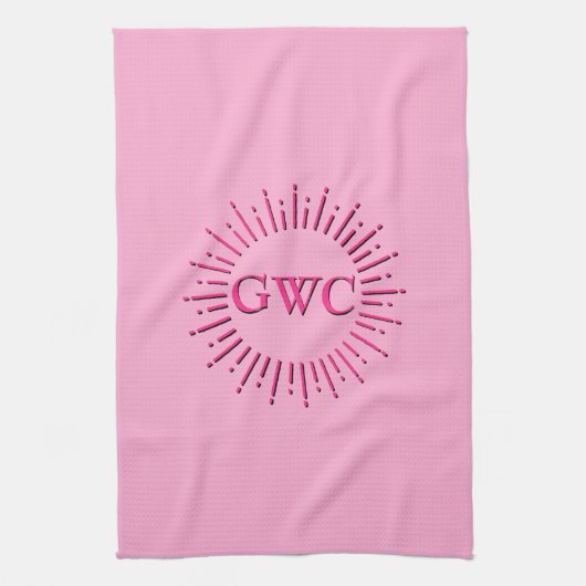 ヴィンテージスタイルピンクサンバーストカスタムモノグラム キッチンタオル (縦)