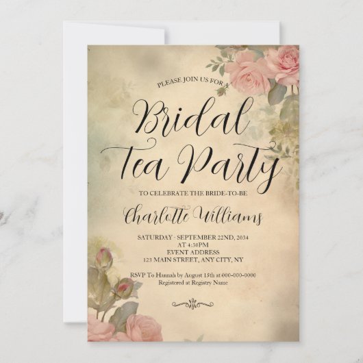 ヴィンテージスタイルピンクローズブライダルティーパーティー 招待状 (正面)