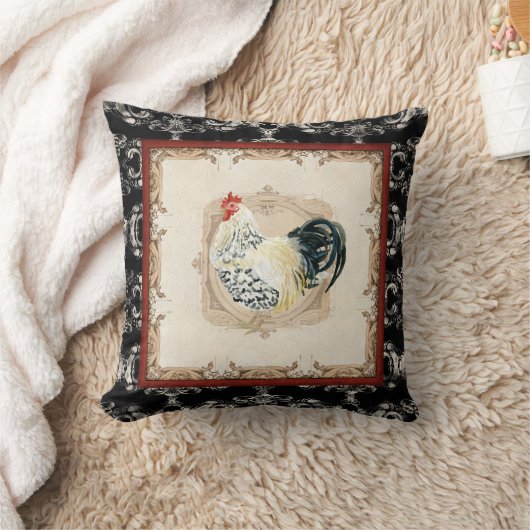 ヴィンテージスタイルフランスのダマスクブラックnホワイトルースター クッション (ブランケット)