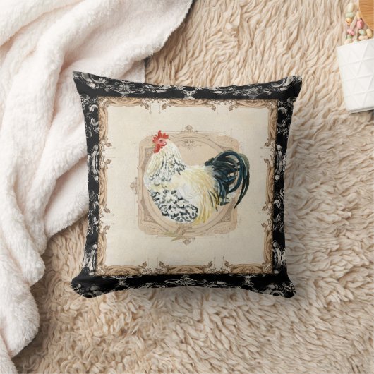 ヴィンテージスタイルフランスのダマスクブラックnホワイトルースター クッション (ブランケット)