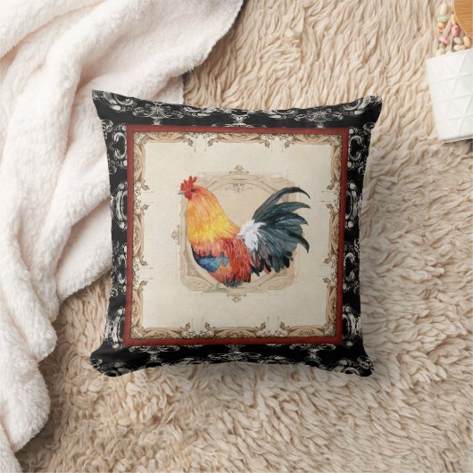 ヴィンテージスタイルフランスのダマスクブラックnホワイトルースター クッション (ブランケット)