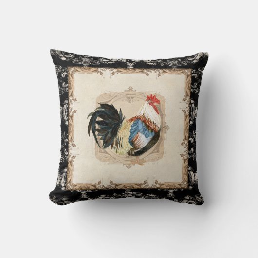 ヴィンテージスタイルフランスのダマスクブラックnホワイトルースター クッション (正面)
