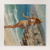 ヴィンテージスタイルフランスのリビエラトラベルビーチガール ジグソーパズル (横)