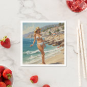 ヴィンテージスタイルフランスのリビエラトラベルビーチガール スタンダードカクテルナプキン (インサイチュ)