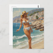 ヴィンテージスタイルフランスのリビエラトラベルビーチガール ポストカード (正面/裏面)