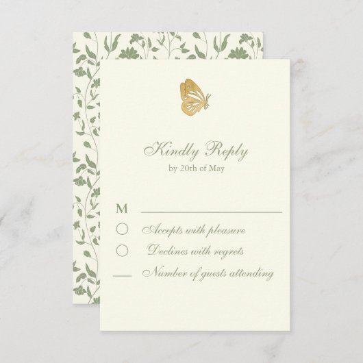 ヴィンテージスタイルフローラクリームとセージRSVPカード 出欠カード (正面/裏面)