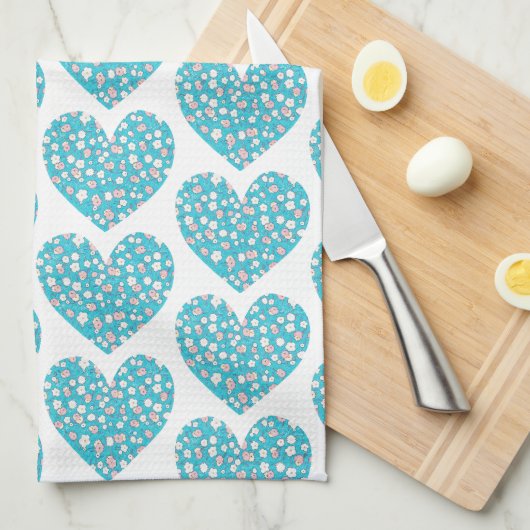 ヴィンテージスタイルフローラハートアクアブルーキッチンタオル キッチンタオル (四つ折り)