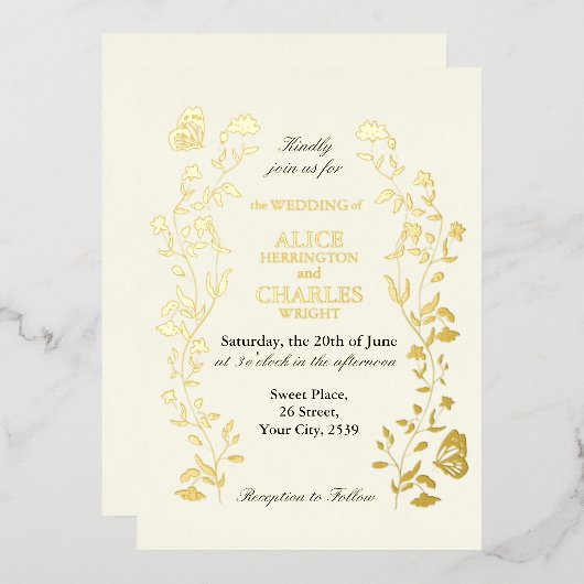 ヴィンテージスタイルフローラ金ゴールド及びクリーム結婚ズ 箔招待状 (正面/裏面)