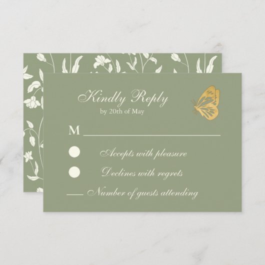 ヴィンテージスタイルフローラSageとクリームRSVPカード 出欠カード (正面/裏面)