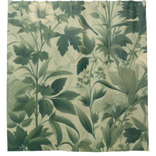 ヴィンテージスタイルプリントグリーン葉ズ シャワーカーテン (正面)