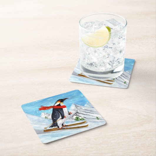 ヴィンテージスタイルペンギンダウンヒルスキー スクエアペーパーコースター (インサイチュ)