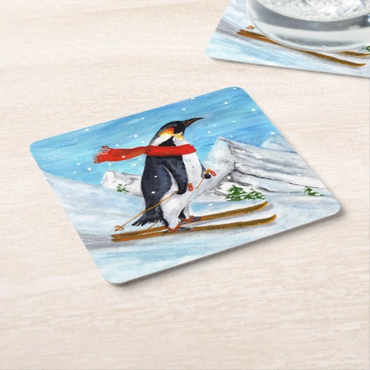 ヴィンテージスタイルペンギンダウンヒルスキー スクエアペーパーコースター (アングル)