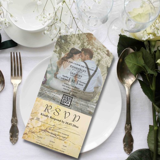 ヴィンテージスタイルホワイト桜写真QRコードウェブサイト オールインワン招待状