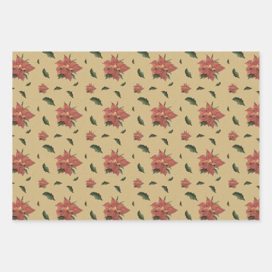 ヴィンテージスタイルポインセチア素朴クリスマス ラッピングペーパーシート (正面)
