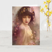ヴィンテージスタイルポートレートの美しいフローラ女性 カード (黄色い花)