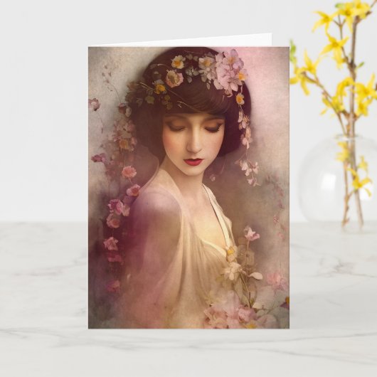 ヴィンテージスタイルポートレートの美しいフローラ女性 カード (黄色い花)