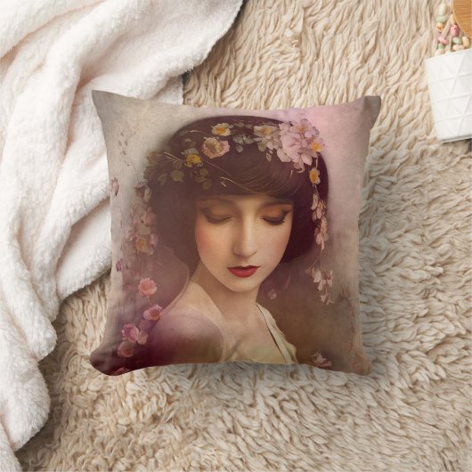 ヴィンテージスタイルポートレートの美しいフローラ女性 クッション (ブランケット)