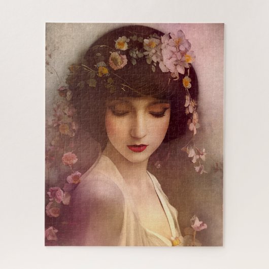 ヴィンテージスタイルポートレートの美しいフローラ女性 ジグソーパズル (縦)