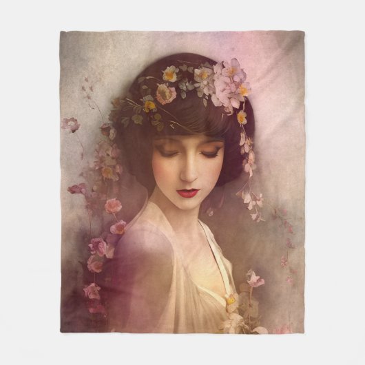ヴィンテージスタイルポートレートの美しいフローラ女性 フリースブランケット (正面)