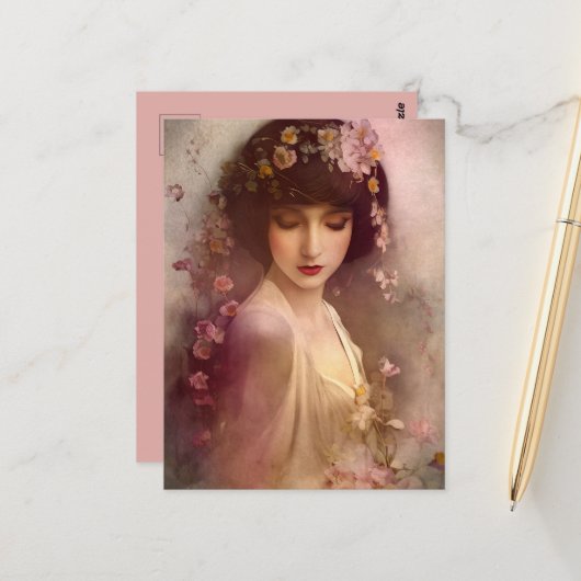ヴィンテージスタイルポートレートの美しいフローラ女性 ポストカード (正面/裏面インサイチュ)