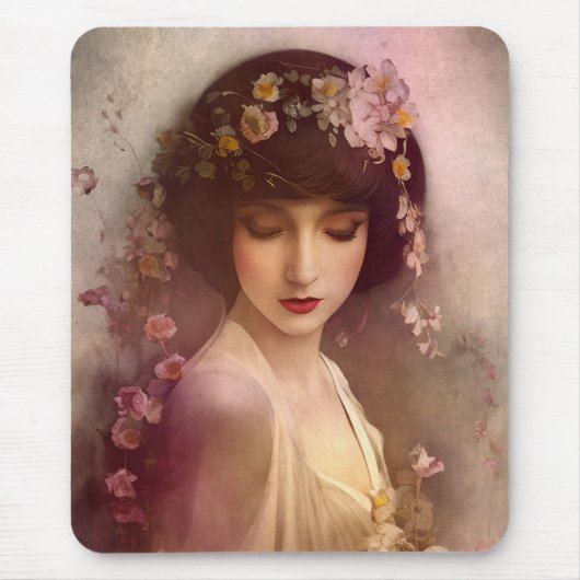 ヴィンテージスタイルポートレートの美しいフローラ女性 マウスパッド (正面)