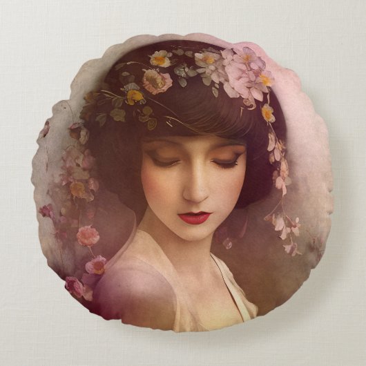 ヴィンテージスタイルポートレートの美しいフローラ女性 ラウンドクッション (正面)