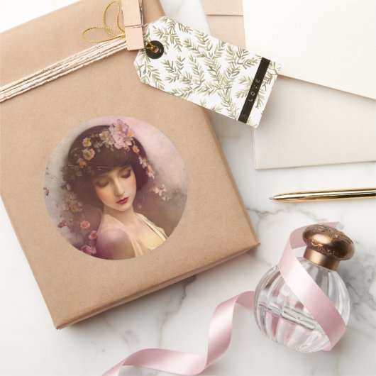 ヴィンテージスタイルポートレートの美しいフローラ女性 ラウンドシール (ギフト)