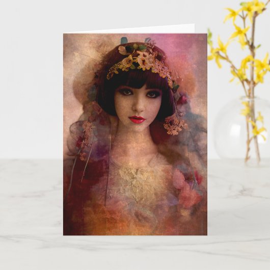 ヴィンテージスタイルポートレートの美しい女性ピンク カード (黄色い花)