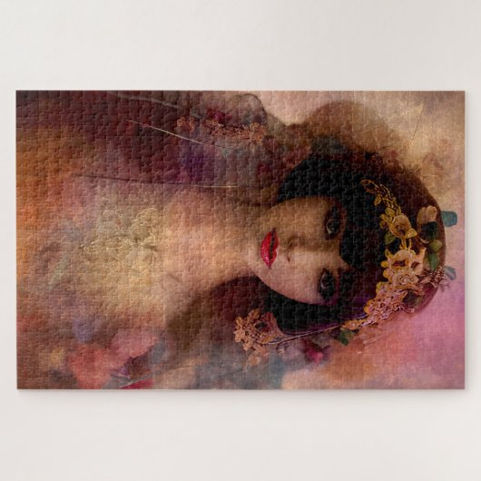 ヴィンテージスタイルポートレートの美しい女性ピンク ジグソーパズル (横)