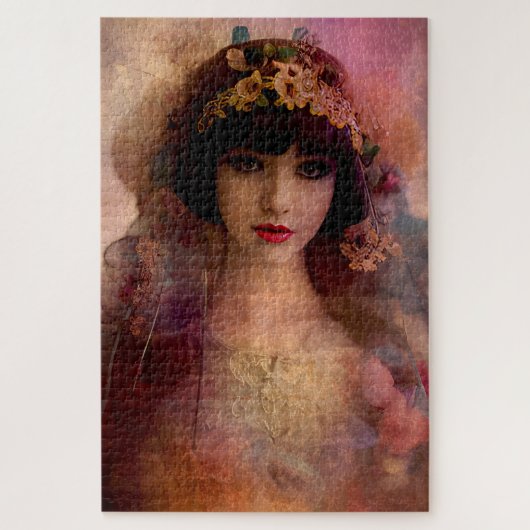 ヴィンテージスタイルポートレートの美しい女性ピンク ジグソーパズル (縦)